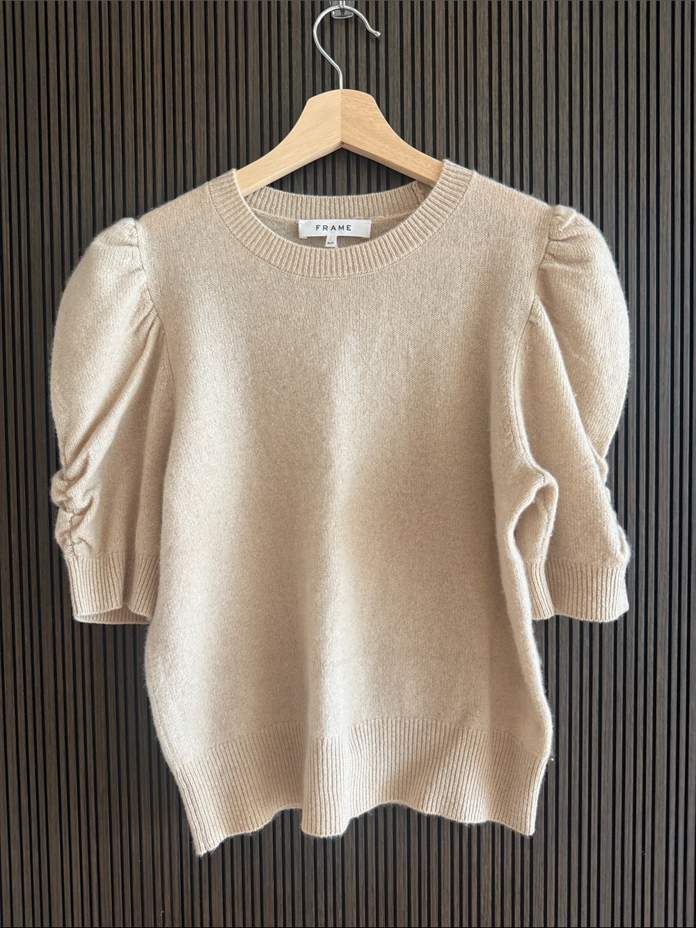 Frame Denim Neutral Puff-Sleeve Crewneck cashmere Sweater